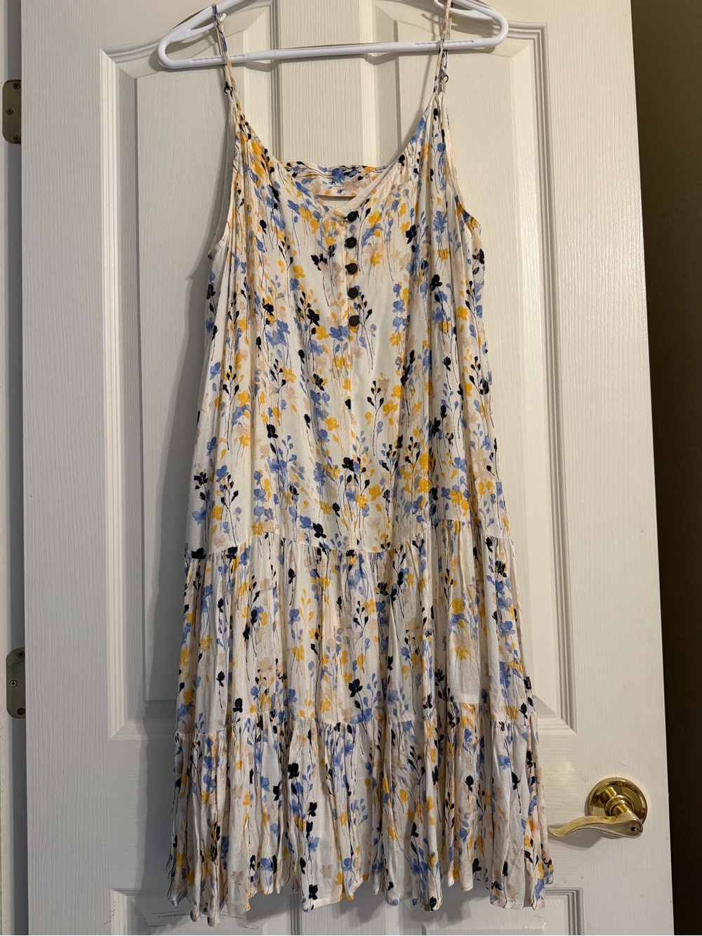 White Floral Tiered Midi Dress with Blue and Yellow Print NWOT